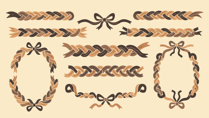 Fototapeta premium Hand-drawn collection of decorative braided elements, including borders, wreaths, and dividers with bows in neutral earthy tones.