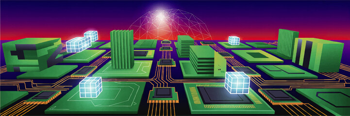 Fototapeta premium Futuristic green data center city on circuit board network with glowing cubes, artificial intelligence server farm, digital infrastructure