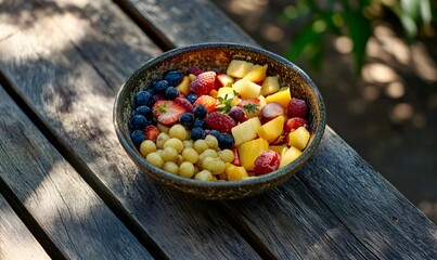Bowl of mixed berries and chopped fruit on rustic wood
