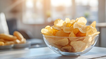Bowl of potato chips with soft background lighting