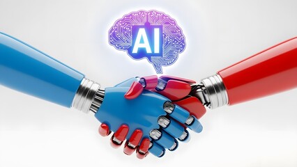 Robotic hands shaking with AI brain icon