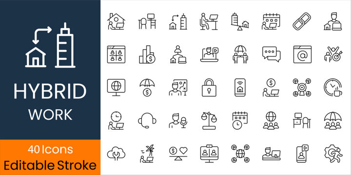 Hybrid work icon set for remote and office collaboration, flexible working models, teamwork and productivity, modern minimal symbols for apps and UI UX