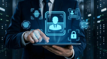 Cyber security concept with businessman holding tablet,digital identity protection,biometric facial recognition system,data privacy lock,fingerprint access control,technology safety network.