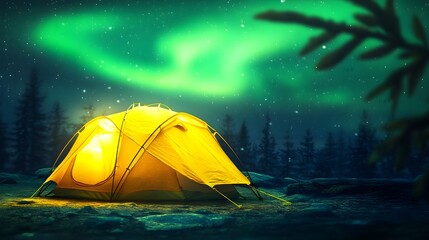 Glowing yellow tent under green aurora borealis camping