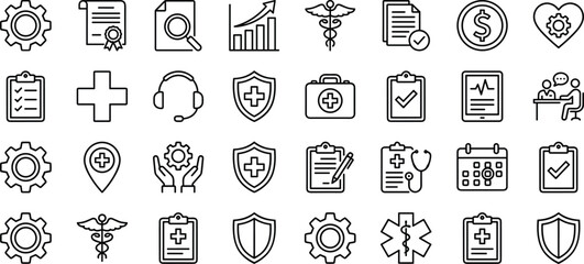 healthcare, medical, hospital, insurance, service, support, document, icon, vector, outline, chart, gear, tablet, checklist, consultation