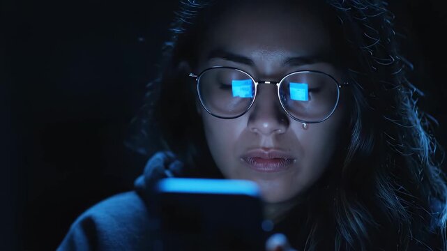 Young woman with glasses intently browsing smartphone screen in dim blue light at night, focus capturing late-night digital engagement and screen glow reflection, focus evoking modern connectivity.