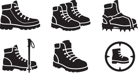 Collection of black hiking boot and related outdoor gear symbols footwear shoe