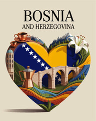 Bosnia and Herzegovina heart illustration with flag, traditional coffee, bridge, mountains, lily flower and colorful landscape art