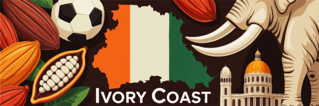 Ivory Coast travel banner with map flag, cocoa pods, elephant, soccer ball and Basilica of Our Lady of Peace, colorful vector illustration