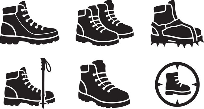 Collection of black hiking boot and related outdoor gear symbols footwear shoe