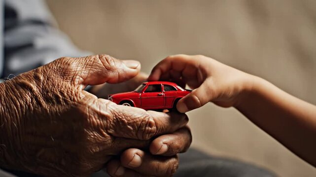 Elderly hands and small fingers connect over a bright red toy car, symbolizing love and tradition in a heartwarming moment of sharing. A bridge between young and old.