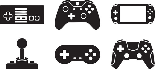 Collection of six black game controllers and joysticks on white background console retro
