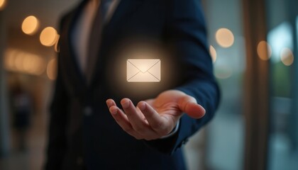 Man in suit holds glowing email icon. Digital communication alerts arrive on mobile device. Internet messages connect people for business marketing or personal correspondence. New mail alerts.