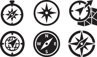 Obraz premium Collection of six black compass and wind rose on white background navigation direction travel exploration