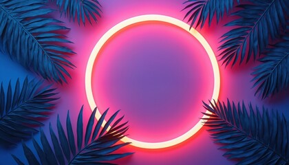 Neon circle light with dark tropical palm leaves framing blank copy space. Modern abstract background for event flyers, party invitations, product displays. Vibrant violet, pink gradient backdrop for