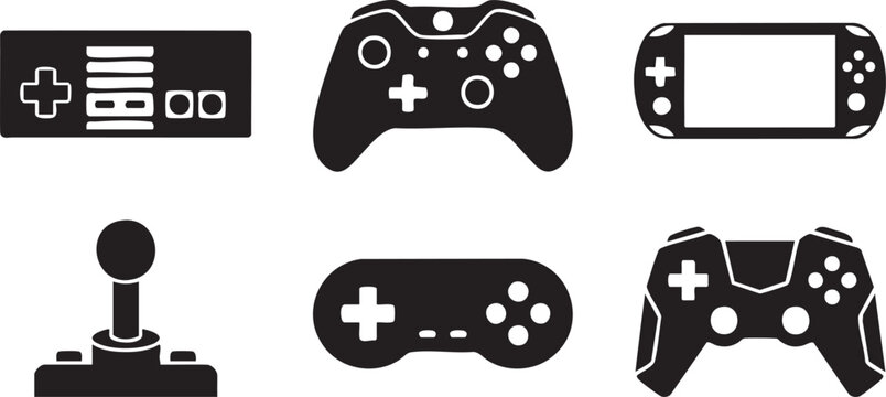 Collection of six black game controllers and joysticks on white background console retro