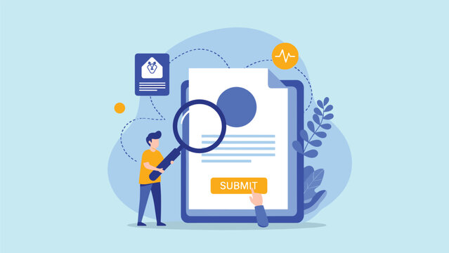 Health insurance claim submission concept with a person using a magnifying glass to review a medical document for approval.
