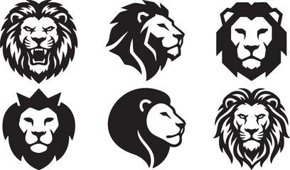 Six black and white stylized lion head on white background © zagrapic540