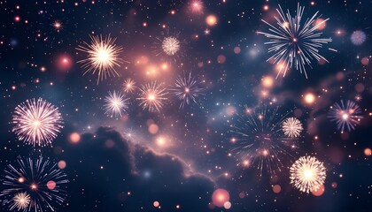 Sophisticated minimalist fireworks composition displaying modern 2026 with soft glow elegant colors calm mood and balanced cinematic presentation