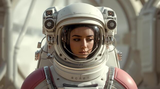 Focused female astronaut wearing advanced space helmet inside spacecraft corridor with soft lighting and detailed suit textures
