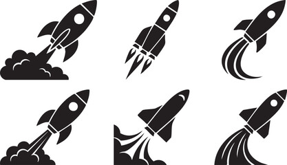 Six black rocket ship launching with smoke trails and clouds spaceship take