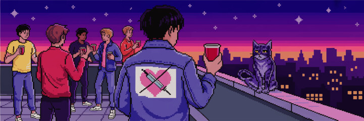 Retro pixel art rooftop party at sunset with friends drinking, neon city skyline and mysterious cat under starry night sky