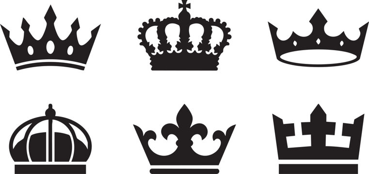 Six black silhouette crown in a two by three grid on white background symbol