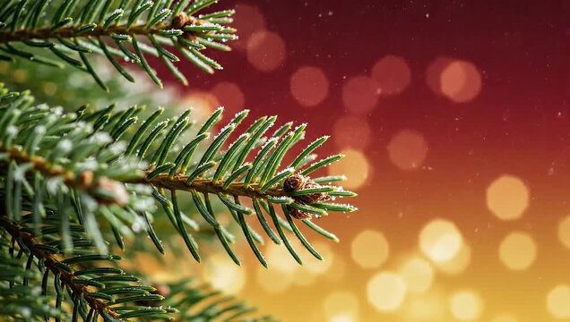 Close-up of a Christmas tree branch with festive bokeh lights in the background, perfect for holiday greetings and seasonal promotions.