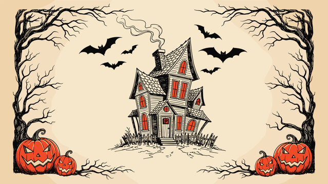 Spooky Halloween scene in a vintage hand-drawn style, featuring a haunted house with bats, pumpkins, and creepy tree frames.