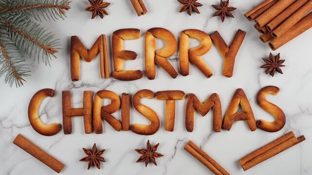Merry Christmas greeting. Cinnamon stick and star anise arrangement. Marble background with pine branch. Holiday decoration elements. Vector illustration.