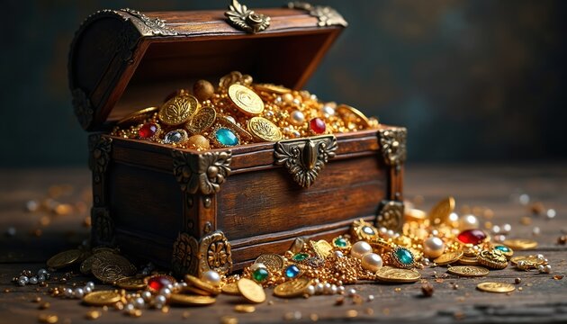 Old wooden chest overflowing with gold coins jewels and pearls. Antique treasure box spills wealth and riches on rustic wooden table. Pirate hoard full of shiny precious items.