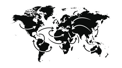 Black silhouette world map with curved arrows showing global trade routes, logistics, or international travel and communication.