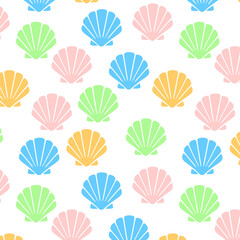 Seamless Pastel Seashell Pattern in Soft Pink, Blue, Green and Orange. Playful Beach and Summer Design for Textiles, Wallpaper and Stationery