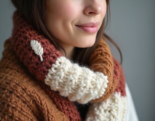 Woman wears chunky knit scarf with feather detail in warm brown cream and rust hues. Cozy apparel for cold weather style. Soft fabric provides comfort and warmth during fall and winter season.