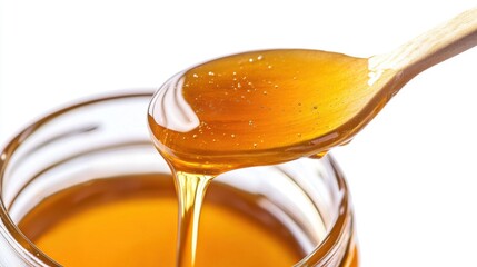 Honey dripping from spoon into a glass jar close up view