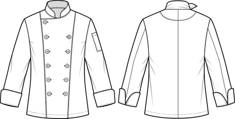 chef jacket technical flat sketch, front back view, double breasted professional kitchen uniform apparel design, fashion vector illustration
