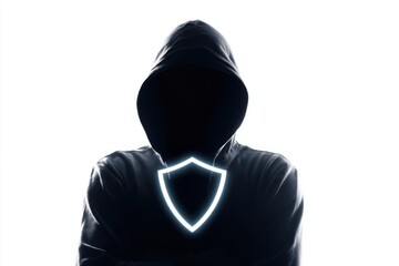 Mysterious Hooded Figure with Glowing Shield Symbol on Chest