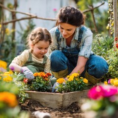 Mother and daughter gardening with colorful flowers in the garden