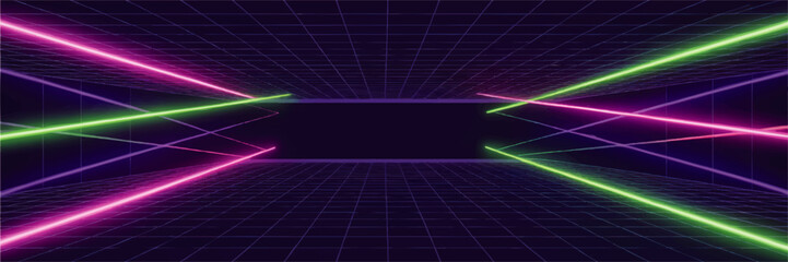 Futuristic neon tunnel with glowing laser lines, retro 80s cyber grid background, sci fi perspective space for technology design