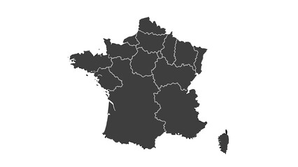 Dark gray silhouette map of France showing the administrative borders of its regions, isolated on a clean white background for infographics.