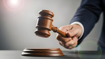 Judge or auctioneer holding a traditional wooden gavel suspended just above the sound block in a serious moment of decision or final sale announcement emphasizing legal authority and judicial power