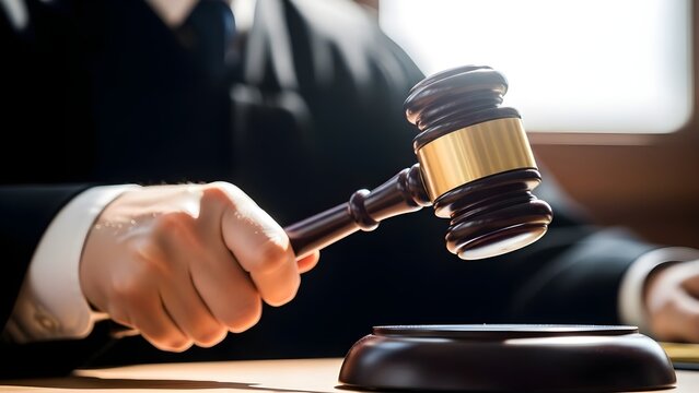 Judge's hand holding a dark wooden gavel with a golden band poised above a sound block to bring down the ruling during a solemn court hearing or legal proceeding symbolizing justice and authority.