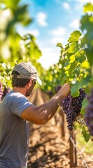 Worker Checking Ripe Grapes in a Vineyard Under Bright Sunlight