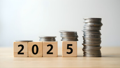 Wooden cubes forming year 2025 with stack of growth coins symbolizing financial annual plan, savings, budget, investment and New Year resolution concept