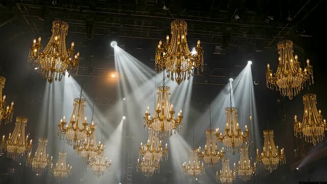 Grand crystal chandeliers illuminating a luxury theater interior with dramatic stage lighting beams creating an elegant concert atmosphere