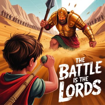 Epic David and Goliath Bible Illustration, Christian Inspirational Poster with Young Hero, Giant Warrior, Desert Battle Scene