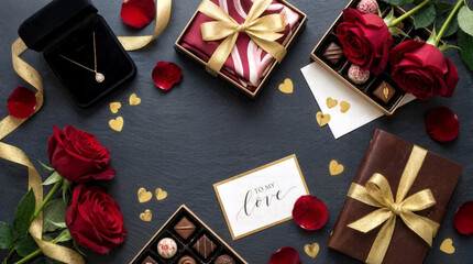 Flat lay Valentine&rsquo;s Day composition with gifts, roses, chocolates and love card