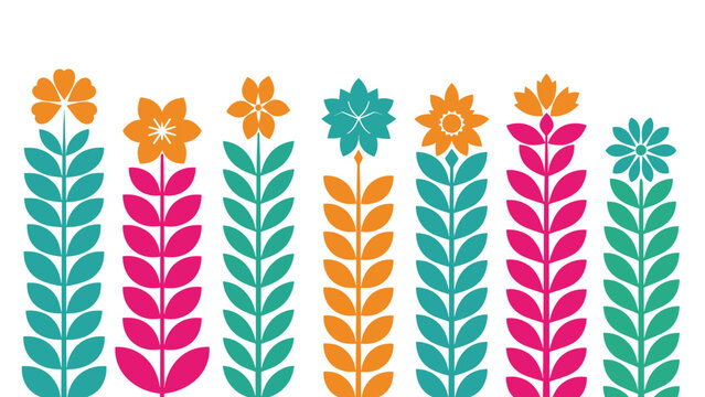 Vibrant horizontal border of colorful stylized flowers on long stems in a playful palette of pink, orange, and teal on white.