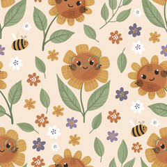 Vector seamless pattern with cute sunflowers and bees. Perfect for kids fabric, paper and gift designs