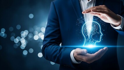 Businessman presenting a glowing blue digital human head with futuristic technology and innovation concepts